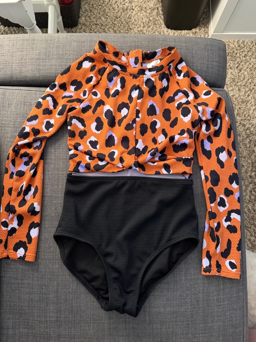 New Girls Long Sleeve One-Piece Swimsuit- Leopard Print and Black